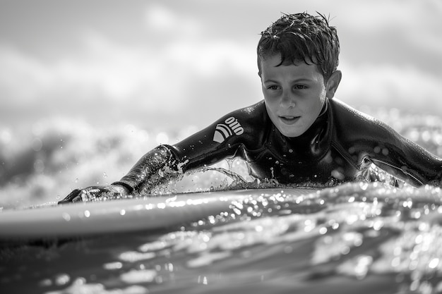 Free photo black and white portrait of person surfboarding amongst the waves