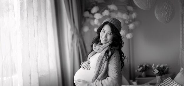 Black and white portrait of pregnant woman expecting a child