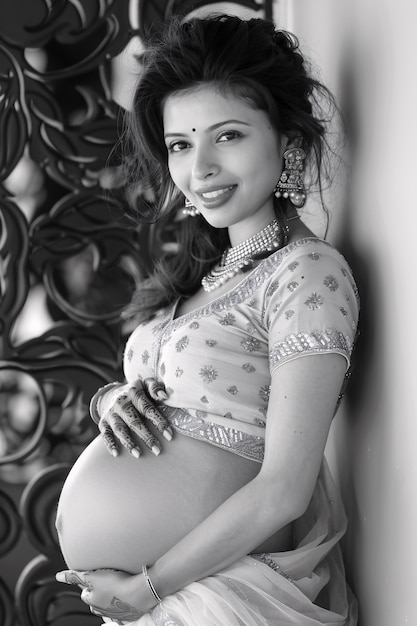 Foto gratuita black and white portrait of pregnant woman expecting a child