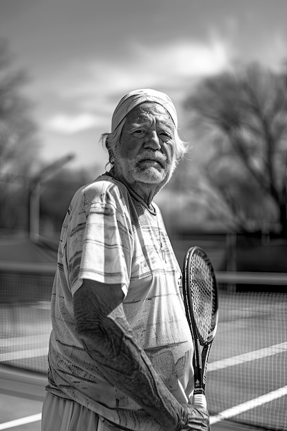 Foto gratuita ritratto in bianco e nero di un tennista professionista