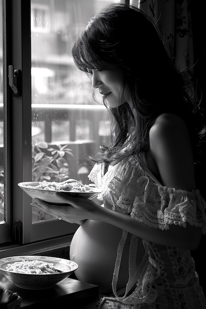 Free photo black and white portrait of woman expecting a baby