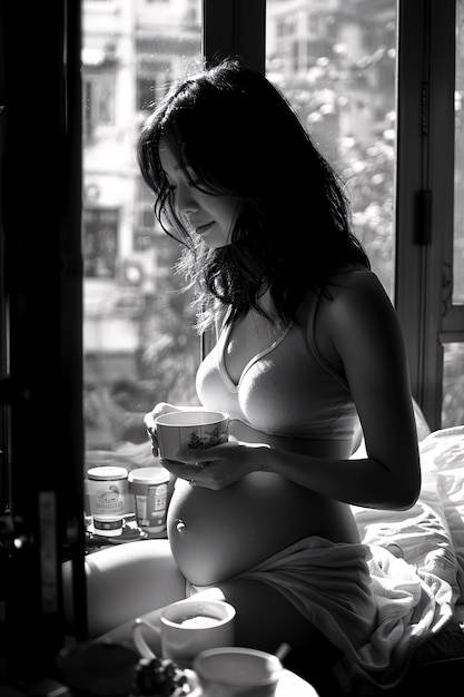 Free photo black and white portrait of woman expecting a baby