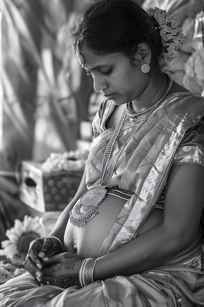 Black and white portrait of woman expecting a baby