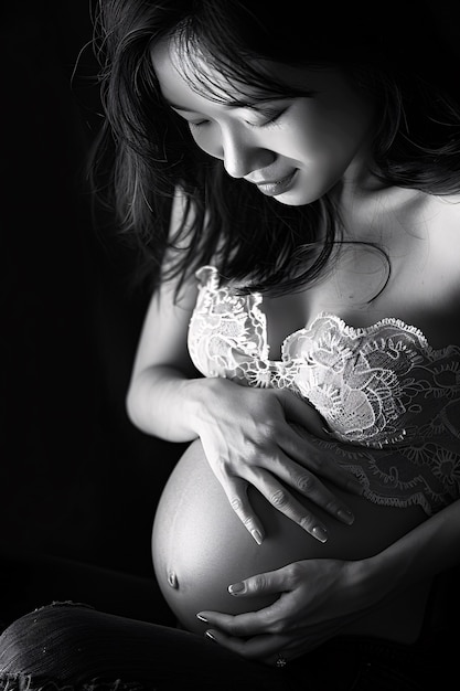 Black and white portrait of woman expecting a baby