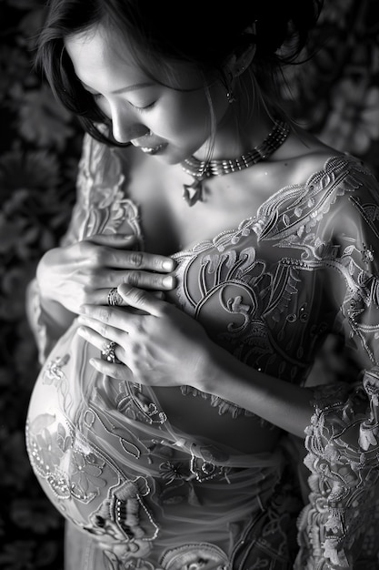 Foto gratuita black and white portrait of woman expecting a baby