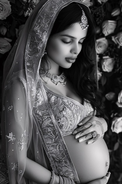 Free photo black and white portrait of woman expecting a baby