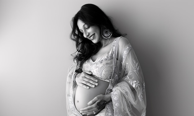 Free photo black and white portrait of woman expecting a baby