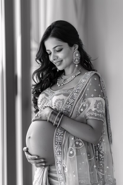 Black and white portrait of woman expecting a baby