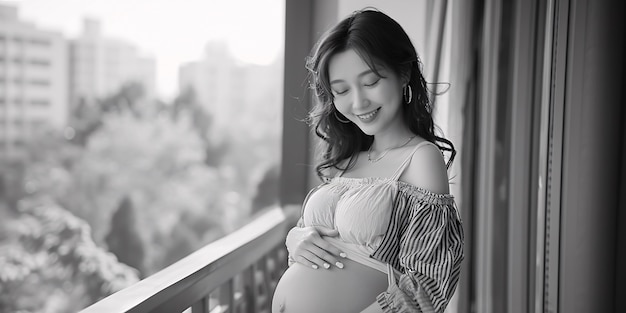 Foto gratuita ritratto in bianco e nero di una donna in attesa di un bambino