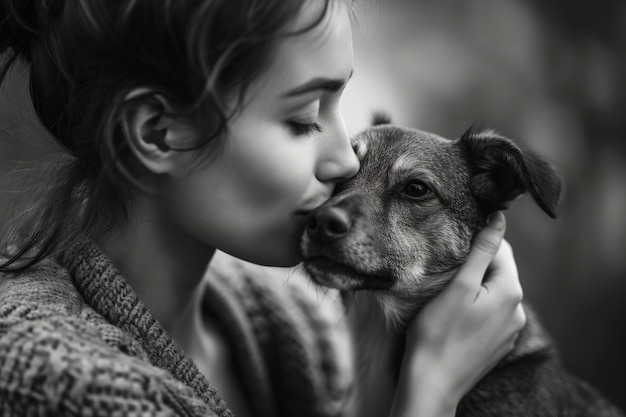 Black and white portrait of woman kissing dog