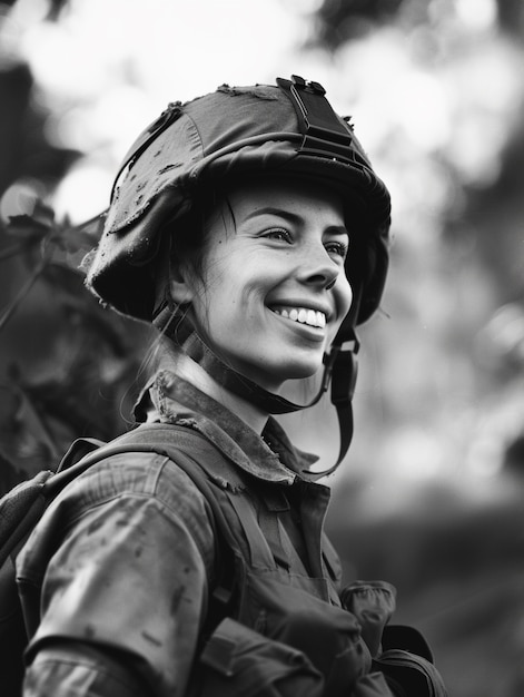 Free photo black and white portrait of working woman in celebration of labour day