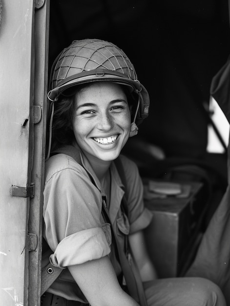 Free photo black and white portrait of working woman in celebration of labour day