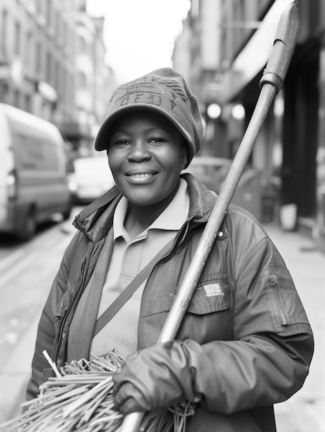 Free photo black and white portrait of working woman in celebration of labour day