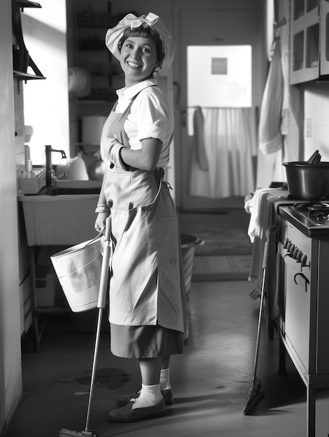 Free photo black and white portrait of working woman in celebration of labour day