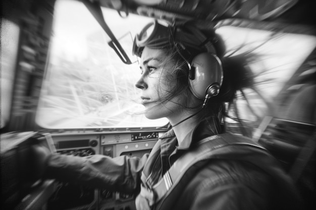 Free photo black and white portrait of working woman in celebration of labour day