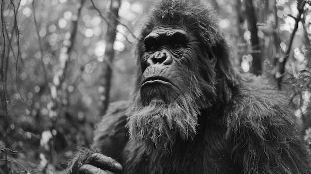 Black and white representation of sasquatch hairy beast