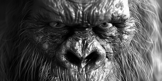 Black and white representation of sasquatch hairy beast