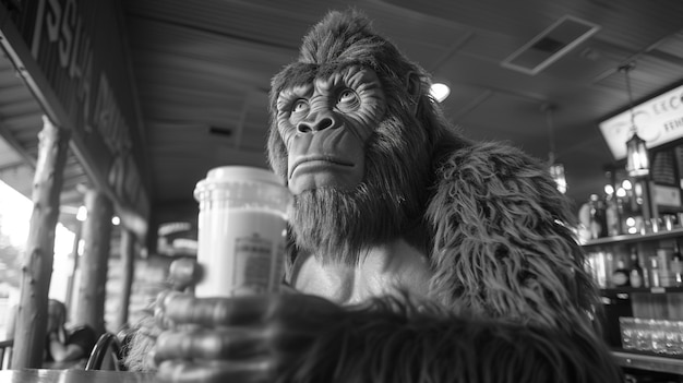 Black and white representation of sasquatch hairy beast