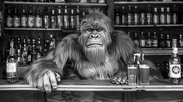 Black and white representation of sasquatch hairy beast