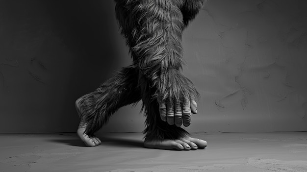 Black and white representation of sasquatch hairy beast