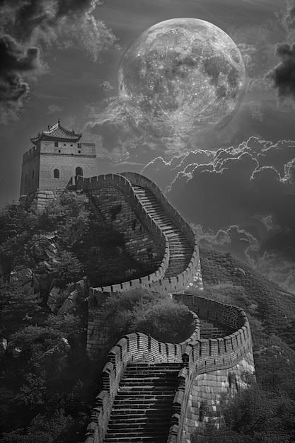 Black and white scene of the great wall of china