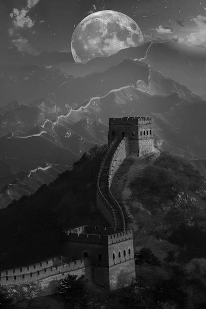 Free photo black and white scene of the great wall of china