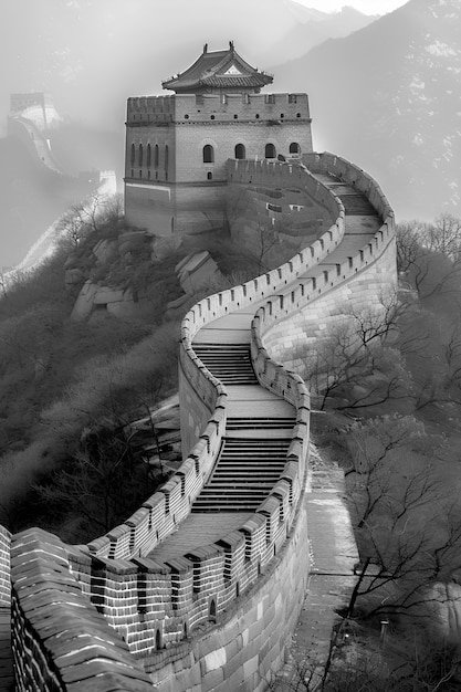 Black and white scene of the great wall of china