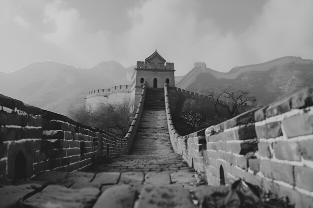 Black and white scene of the great wall of china