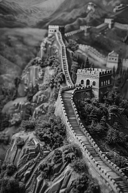 Black and white scene of the great wall of china
