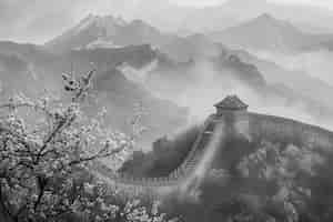 Free photo black and white scene of the great wall of china