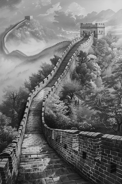 중국 장벽의 흑백 장면