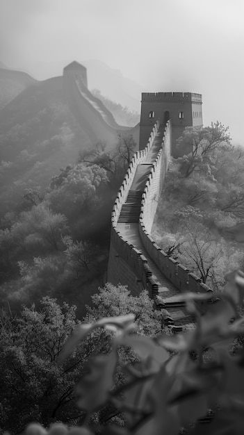 Free photo black and white scene of the great wall of china