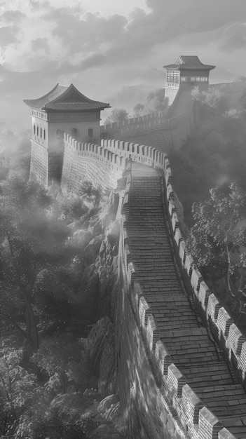 Free photo black and white scene of the great wall of china