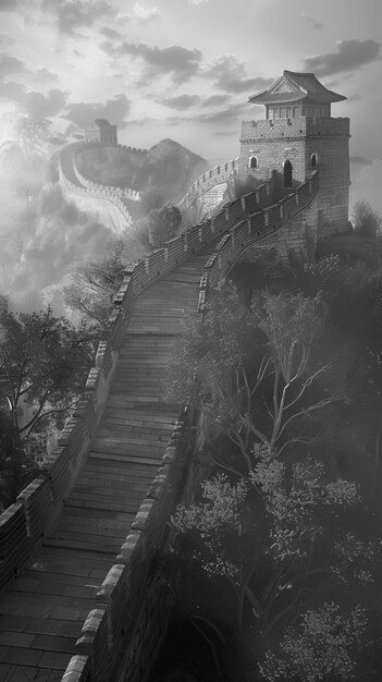 Black and white scene of the great wall of china