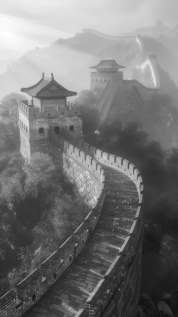 Foto gratuita scena in bianco e nero della grande muraglia cinese