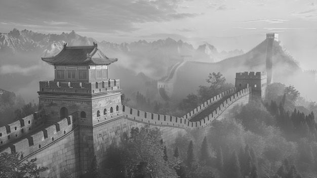 Black and white scene of the great wall of china