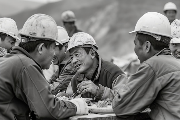 Free photo black and white scene showcasing the life of construction workers on the site