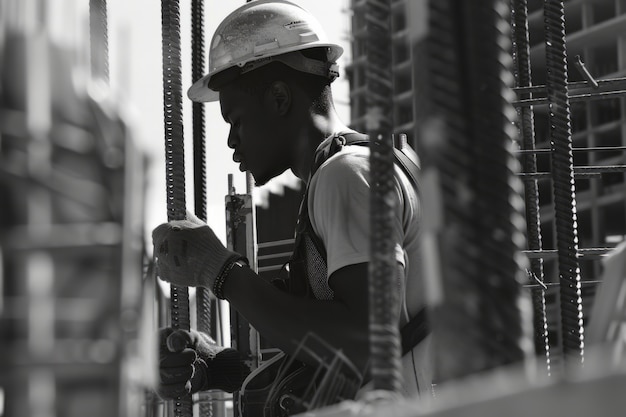 Foto gratuita black and white scene showcasing the life of construction workers on the site