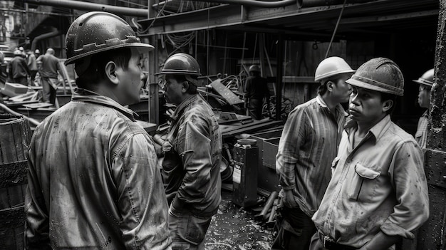 Free photo black and white scene showcasing the life of construction workers on the site