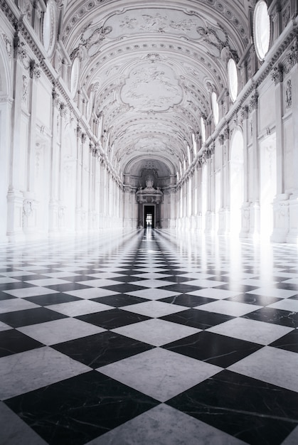 Free photo black and white shot of a beautiful building with sculptures and a chess floor