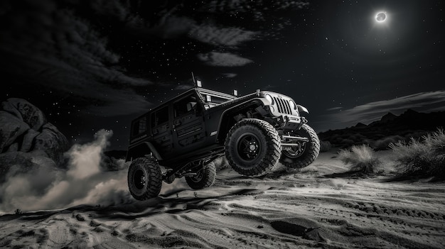 Black and white view of adventure time with off-road vehicle and rough terrain