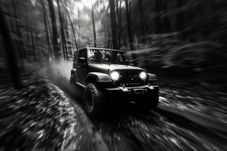 Free Photo black and white view of adventure time with off-road vehicle and rough terrain