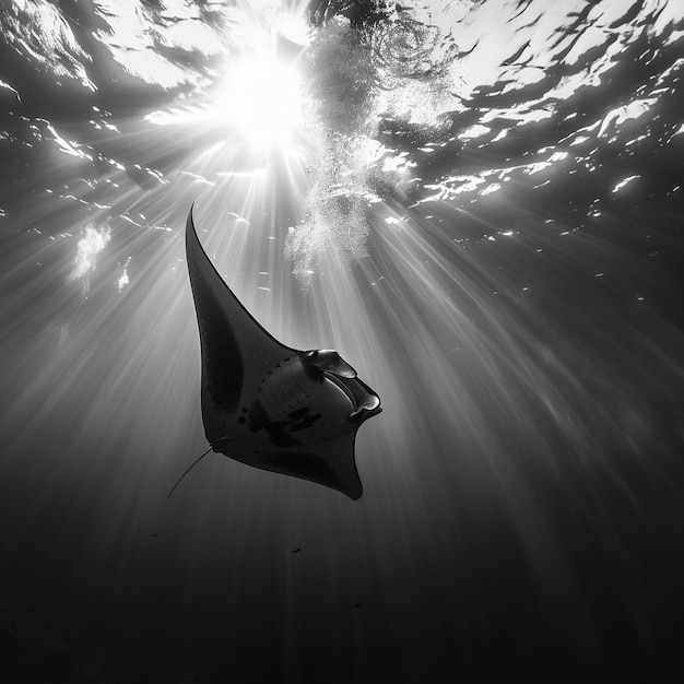 Foto gratuita veduta in bianco e nero della manta nella sua natura sottomarina