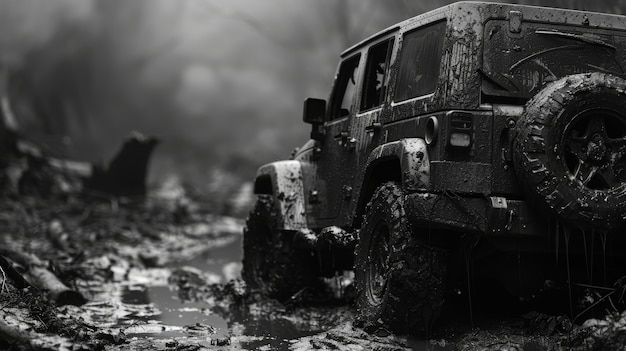 Black and white view of off-road vehicle driven on rough terrain