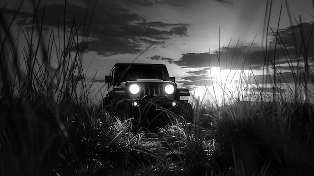 Foto gratuita black and white view of off-road vehicle driven on rough terrain