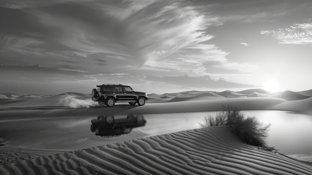 Black and white view of off-road vehicle driven on rough terrain