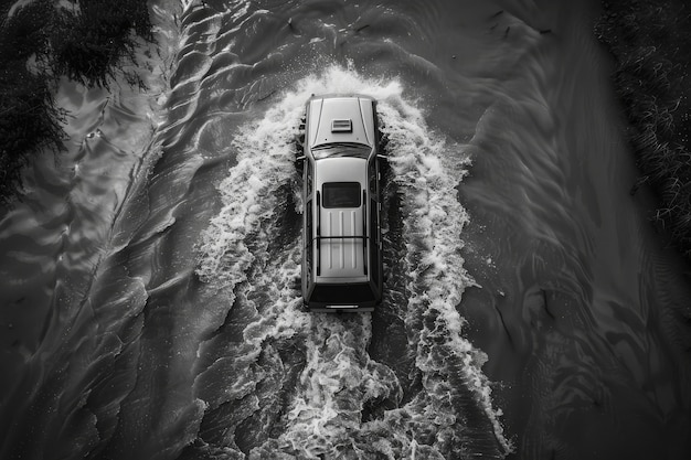 Black and white view of off-road vehicle driven on rough terrain