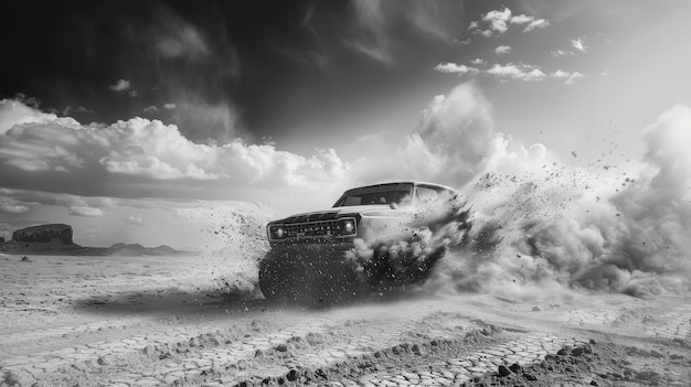 Black and white view of off-road vehicle driven on rough terrain