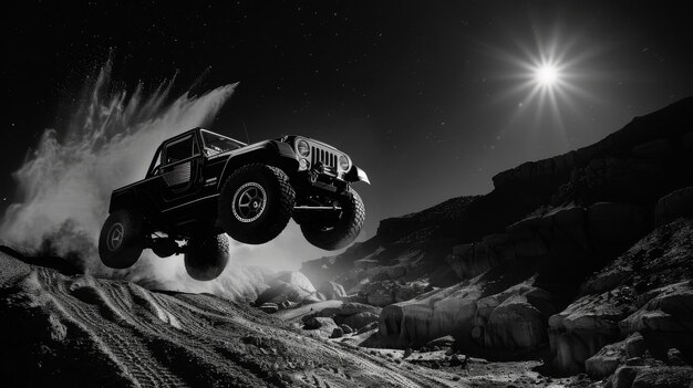 Black and white view of off-road vehicle driven on rough terrain