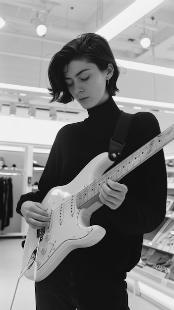 Black and white view of person playing electric guitar